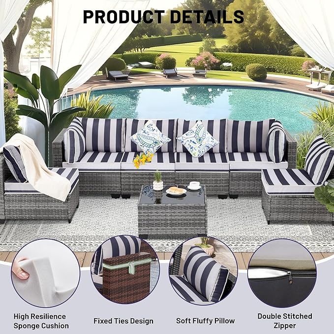 14 Piece Outdoor Sectional Cushions, Water-Resistant Outdoor Sofa Cushions Replacement, 4" High Density Foam Patio Furniture Cushions Fits 6-seat Rattan Conversation Set (Navy Blue White Stripes)