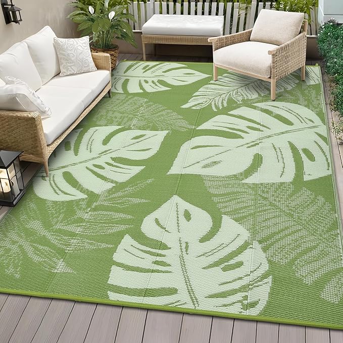 COZYLOOM Large Outdoor Rug 9x18 Waterproof Plastic Straw Rug, Reversible Patio Rugs Modern Camping Mat with Portable Bag & Stakes, Foldable & UV Resistant, Outdoor Carpet for Yard Deck, Sage Green