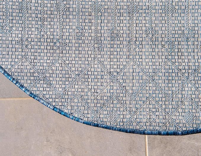 Unique Loom Outdoor Trellis Collection Area Rug - Tribal Trellis (4' 1" Round, Blue/ Ivory)