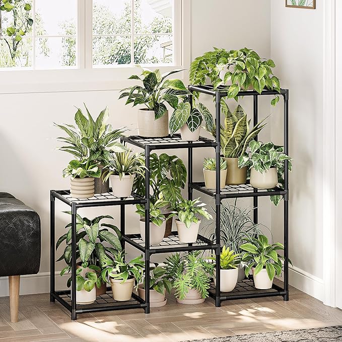 Plant Stand Indoor Outdoor 3 Tiers Ladder Plant Shelf for Multiple Plants Pots Waterproof Metal Flower Holder Modern Plant Rack for Corner,Porch ,Garden,Balcony,Black