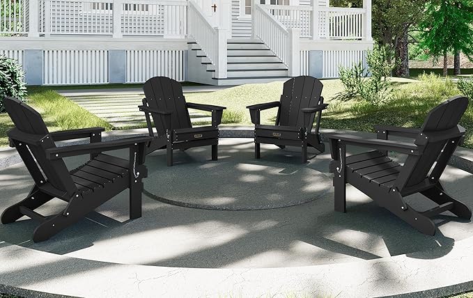 SERWALL Foldable Adirondack Chair Set of 2 for Patio Garden Outdoors Fire Pit-Black