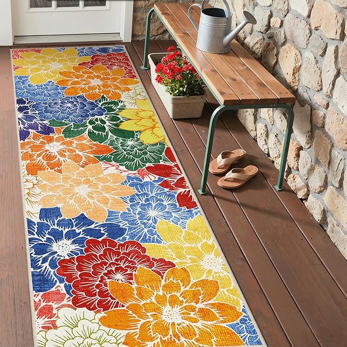 GENIMO 2.5’x8’ Indoor Outdoor Runner Rug for Hallway, Washable Waterproof Bedside Rugs, Non-Slip, Floral Mat Carpet for Patio, Living Room, Bedroom, Balcony, Kitchen, Deck, Porch, Colorful