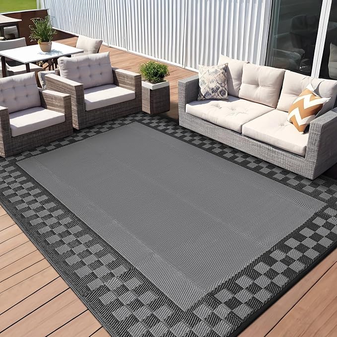Garvee Outdoor Waterproof Rug 9x18 Large Modern Neutral Outdoor Patio Rugs, Reversible Fade-Proof & Weather Resistant Large Area Rug Mats for Rv Deck Porch Picnic Beach Balcony,Gray & Black