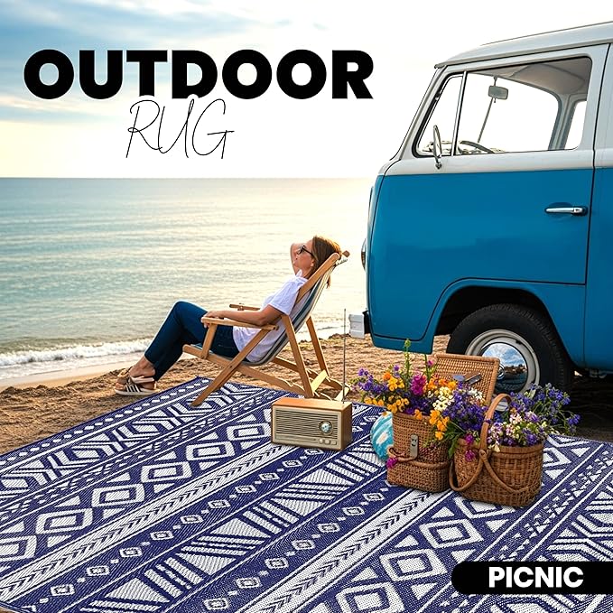 Utopia Home Waterproof Outdoor Rug for Patio 9 x 12 ft, Reversible Plastic Straw Mat for Camping, Picnics, Balcony, Patio, Aztec - Navy & White