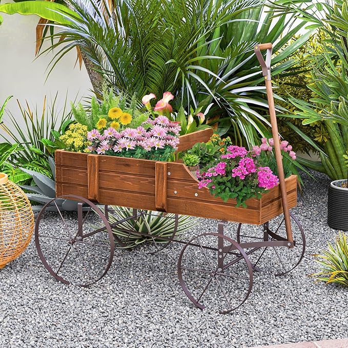 HAPPYGRILL Wooden Wagon Planter, 24.5” x 13.5” x 24” Decorative Garden Planter w/ 2 Planting Sections, Wheels, Handle, Small Decorated Cart, Flower Planter Box for Indoor Outdoor Patio (Brown)