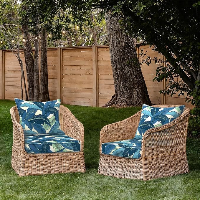 Outdoor Deep Seat Cushion Set, Water Repellent 24"x24" Patio Thick Cushions Replacement with Seat & Back Pillow for Patio Sofa, Wicker Chair, Couch - Swaying Palms Blue