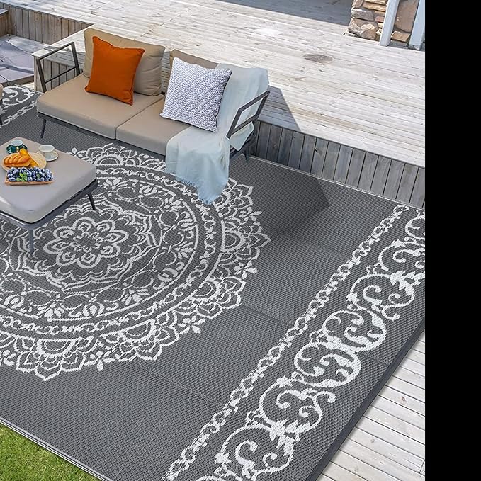 GAOMON Outdoor Patio Rug 8x10 Reversible Camping Mat, Stain-Resistant Plastic Straw Rug, Easy to Clean, Indoor Outdoor Carpet for Porch, Deck, Balcony, Beach, Garden, Grey/White(Medallion)
