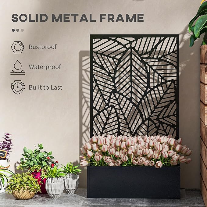 Outsunny Outdoor Privacy Screen with Planter Box, Metal Privacy Panel, and Raised Garden Bed, Wall-Mounted or Freestanding for Garden, Patio, Pool, Hot Tub, Black