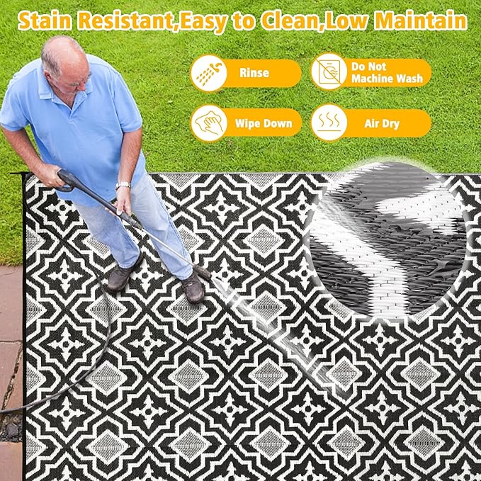Outdoor Rug 9x18 Waterproof Large Outdoor Rug Camping Rug Reversible Rv Mats Black Gray Outdoor Plastic Straw Rug Tightly Woven Rugs Clean Easily Large Patio Mat for RV, Deck, Camping Rv Essentials