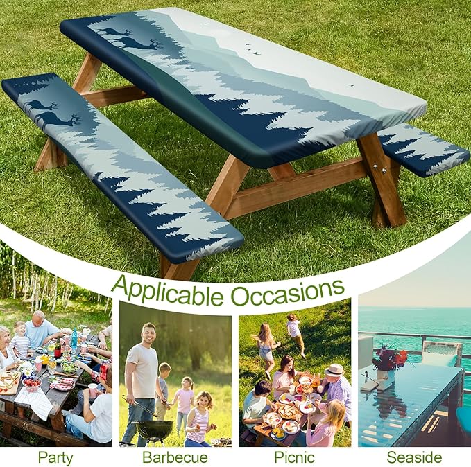 Picnic Table Cover with Bench Covers 6FT 3 Pcs Waterproof Windproof Aesthetic Camping Tablecloth with Drawstring Bag, Fitted for 6 Foot Rectangle Tables and Seats, 72 inch, Blue Deer Forest