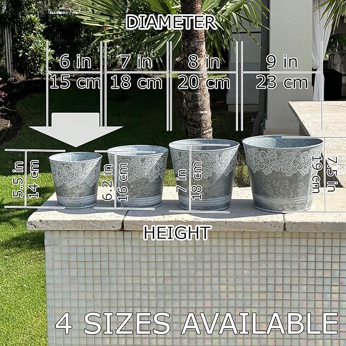 allgala Galvanized Planter Pot Indoor and Outdoor Decoration-Round Grey-6"-HD88313