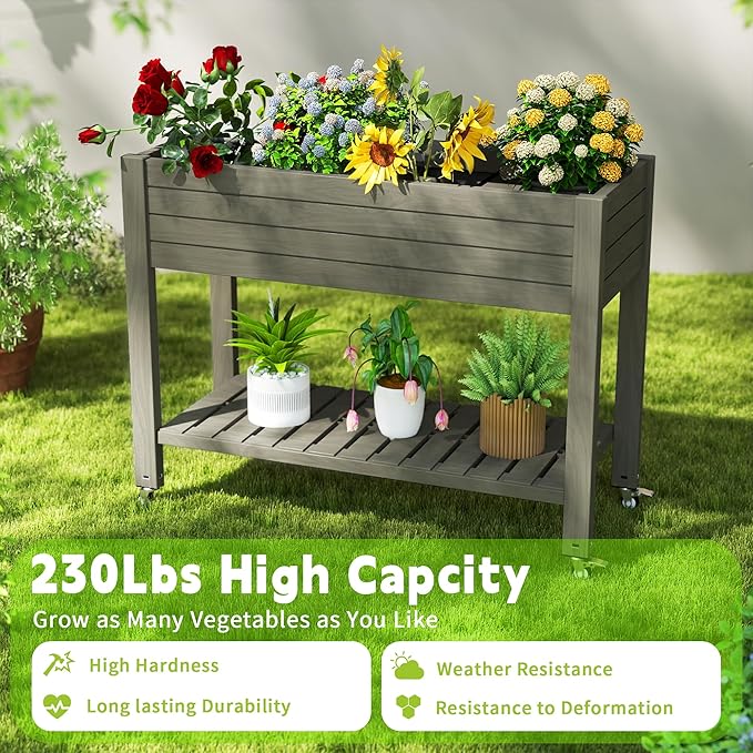Raised Garden Bed with Legs, 33.66" Tall Self-Watering Resin Planter Box with Lockable Wheels Drainage Plug and Gauge for Vegetables, Flowers, Storage Shelf for Tools and Accessories (Grey)