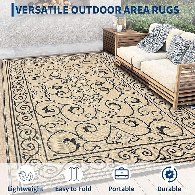 MilleLoomi Outdoor Rug 8x10 Waterproof Patio Rugs Vintage Reversible Mat for Front Door Rv Foldable Plastic Straw Carpet for Travel Trailers, Deck, Picnic, Porch, Camper, Balcony, Beach，Black Beige