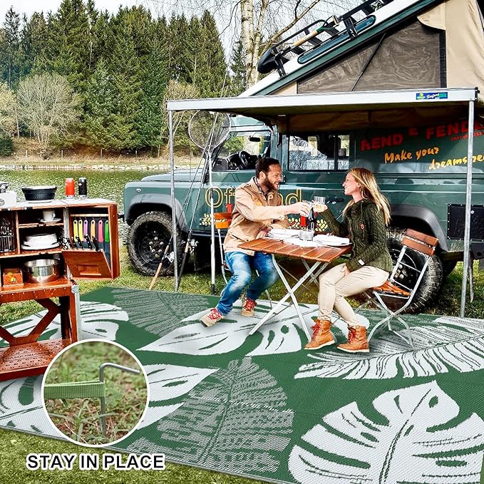 COZYLOOM Outdoor Patio Rug 9x12 Waterproof Outdoor Plastic Straw Rug, UV Resistant Reversible RV Camping Mat with Portable Bag & 4 Stakes, Modern Carpet for Balcony Deck Yard, Green
