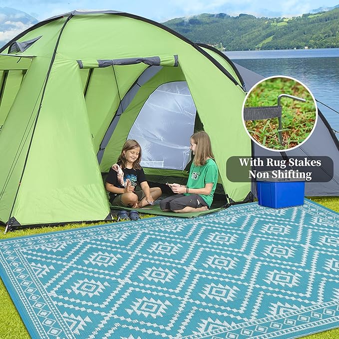 GAOMON Outdoor Waterproof Rug 9x12 Reversible Plastic Straw Rug Modern UV Resistant Carpet, Large Foldable Lightweight Floor Mat for Backyard, Camping, Bench, Picnic, Deck, Teal/White(Modern)