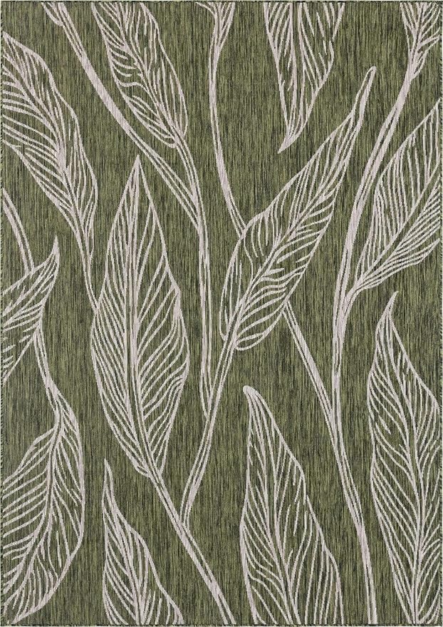 Unique Loom Outdoor Botanical Collection Area Rug - Leaf (7' 1" x 10' Rectangle, Green/ Ivory)