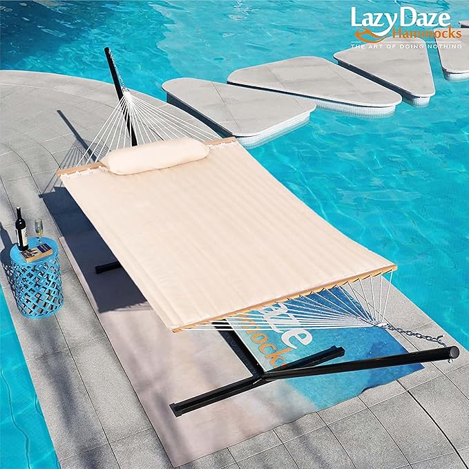 Lazy Daze Hammocks Quilted Fabric Hammock with 12 Feet Stand, 2 People Double Hammock with Stand for Outdoor Indoor Patio Garden Backyard, 450 lbs Capacity, Beige