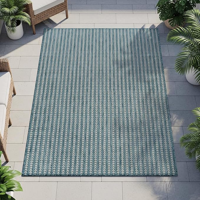 Washable Outdoor Rug 8x10 Modern Area Rugs Outdoor Carpets Striped Pattern Non Shedding Waterproof Easy Clean Patio Deck Porch Living Room Bedroom Garden RV (8 X 10 Aqua)