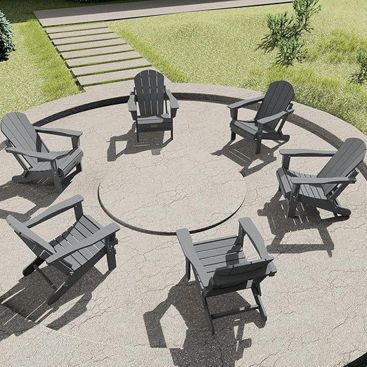 SERWALL Folding Adirondack Chair Set of 6 Weather Resistant Patio Chairs with Wood Texture Fire Pit Chairs- (Folding Gray)