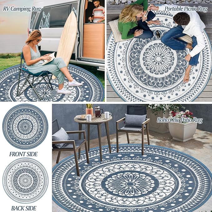 Cekene Round Outdoor Patio Rugs 6Ft Waterproof Reversible Outdoor Rugs with Carry Bags Lightweight Plastic Straw Rugs Portable RV Camping Mat Blue Floor Carpet for Deck Porch Picnic BBQ
