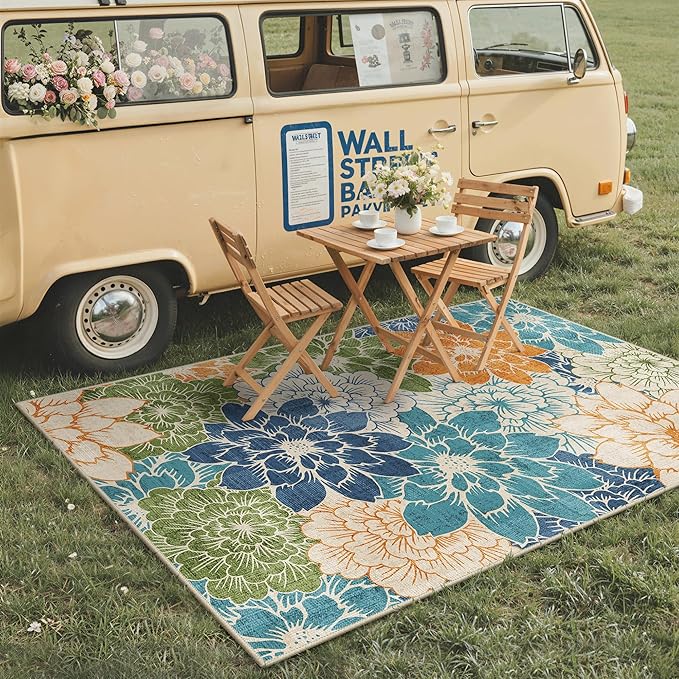 GENIMO Indoor Outdoor Area Rug 8'x10', Machine Washable Rugs for Patio, Waterproof, Non-Slip Easy Cleaning Floral Outdoor Mat Carpet for Living Room, Bedroom, RV, Balcony, Deck, Camping, Teal Blue