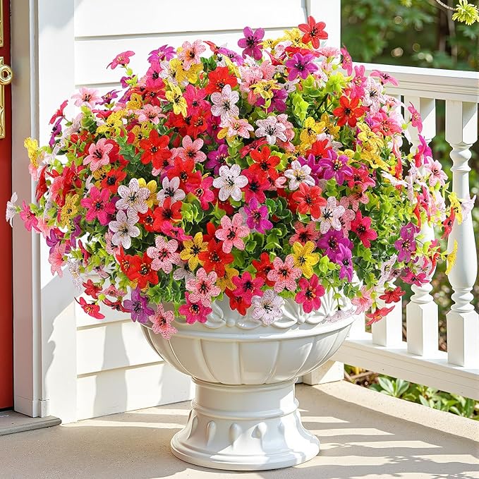 SHareconn 36 Bundles Artificial Flowers for Outdoors Spring Decoration, Fake Silk Realistic Faux Plants UV Resistant for Outside Planter Porch Patio Summer Indoor Decor, RedRosePurpleYellowPinkWhite