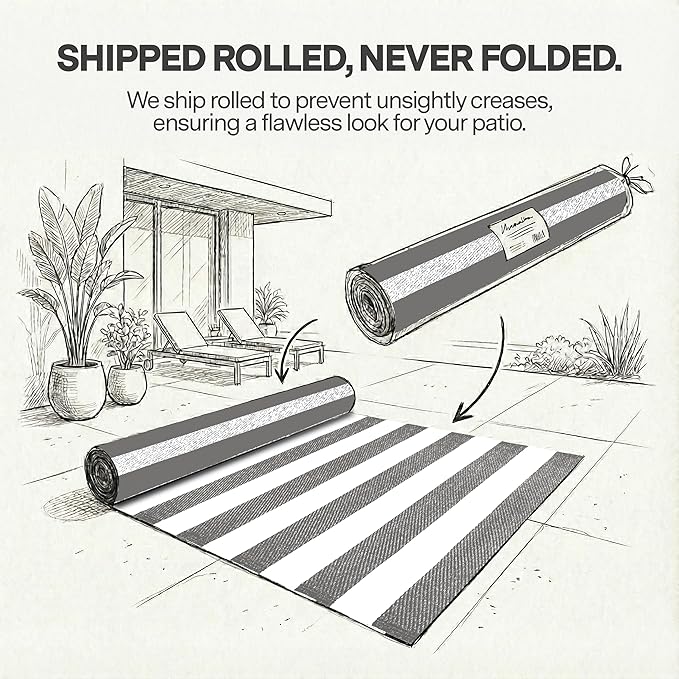 FH Home Outdoor Rug - Waterproof, Fade Resistant, Crease-Free - Premium Recycled Plastic - Geometric - Patio, Porch, Deck, Balcony - Brittany Stripe - Gray & White - 5 x 8 ft