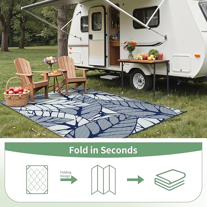 GENIMO Outdoor Rug 6' x 9' Waterproof for Patio Clearance, Reversible Plastic Straw Camping Carpet, Lightweight Mat for Rv, Camper, Deck, Porch, Picnic, Balcony, Beach, F.Blue & White