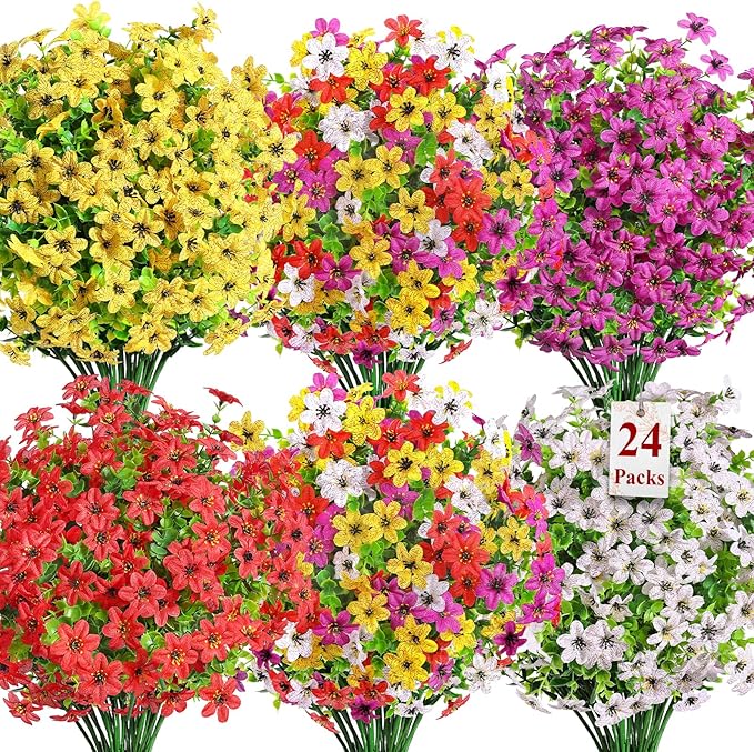 SHareconn 24 Bundles Artificial Flowers for Outdoors Spring Decoration, Fake Silk Realistic Faux Plants UV Resistant for Outside Planter Porch Patio Indoor Decor, RedPurpleYellowWhite