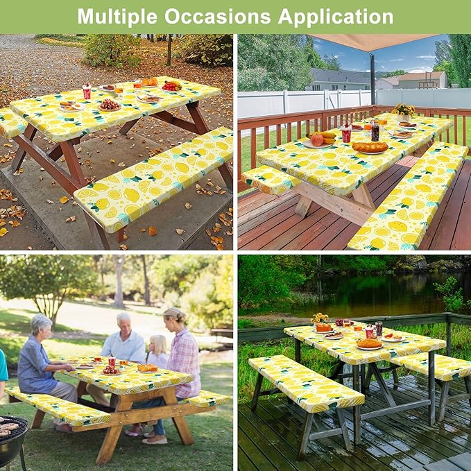 Picnic Table Cover with Bench Covers 6FT 3 Pcs Waterproof Windproof Aesthetic Camping Tablecloth with Drawstring Bag, Fitted for 6 Foot Rectangle Tables and Seats, 72 inch, Yellow Lemon