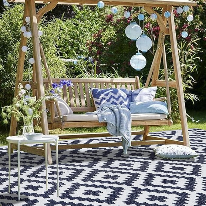 SAND MINE Reversible Mats, Plastic Straw Rug, Modern Area Rug, Large Floor Mat and Rug for Outdoors, RV, Patio, Backyard, Deck, Picnic, Beach, Trailer, Camping, Dark Blue & White, 5' x 8'