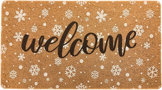 Winter Snowflake Welcome Mat Chirstmas Doormat Outside Entrance, Faux-Coir Seasonal Entryway-Rug Non-Slip Dirt-Trapping Thin Door Mat 17"x30" for Front Door, Indoor, Outdoor, Porch