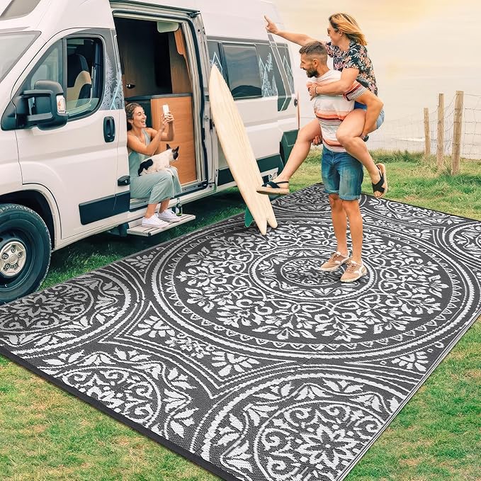 Waterproof Plastic Straw Outdoor Rug 9x18 Patio Reversible UV Resistant Foldable Camping Carpet Boho Floral Large Outdoor Rugs for Deck, Picnic, Porch, Camper, Balcony, Beach，Grey/White