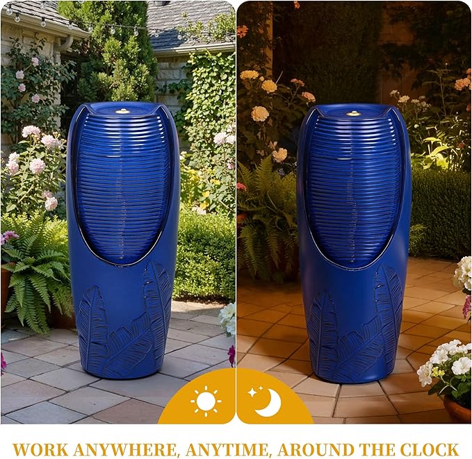 33" Cearmic Outdoor Fountain, Large Tall Jar Water Feature with Lights, Soothing Trickling Waterfalls for Garden Patio Yard Balcony or Porch, Cobalt Blue Glaze, 3D Tropical Leaf Patterns