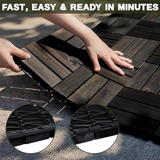 Acacia Wood Patio Deck Tiles - 27 Pcs 12 Slats Interlocking Decking Tiles for Patio Decor, Waterproof Indoor & Outdoor Use, Garden Decking Tile (12.2 x 12.2 x 0.7) - Black