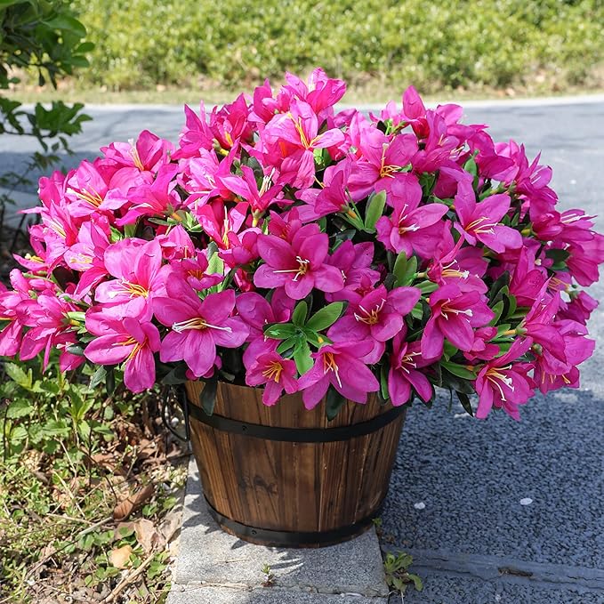 INSPRING Artificial Fake Flowers for Outdoors Spring Outside Decoration, 3 Bundles Silk Azalea Faux Plants UV Resistant Realistic Outdoor Flowers for Planter Porch Patio Garden Walkways Home, Fuchsia