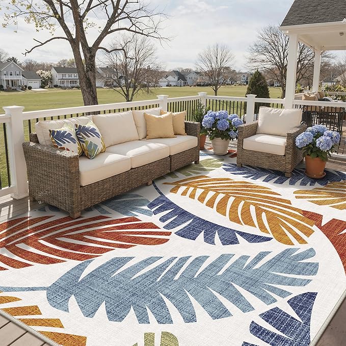 GENIMO Outdoor & Indoor Area Rug 10'x14', Waterproof, Non-Shedding, Easy Cleaning, Leaf Mat for Patio, Living Room, Balcony, Dining Room, RV, Deck, Bedroom, Camping, Outside Carpet, Rust Navy