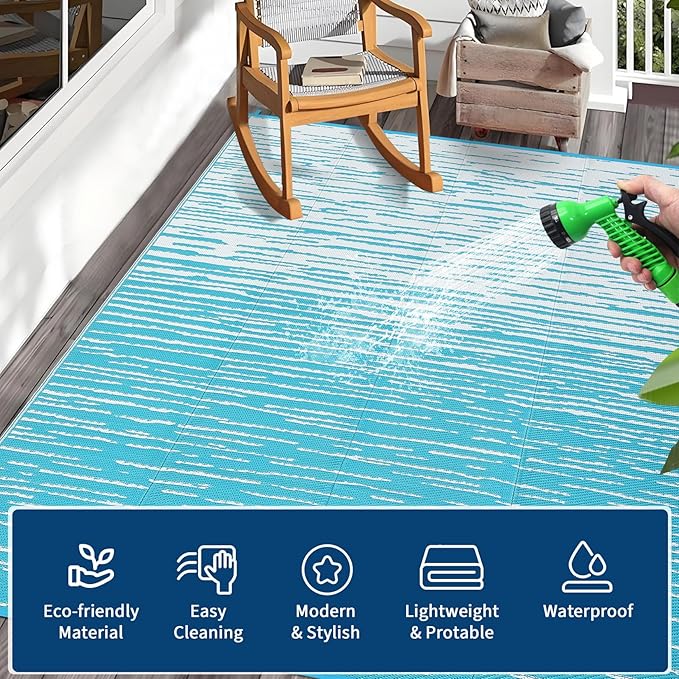 Outdoor Rug 8x10 Waterproof Patio Rugs Abstarct Line Reversible Mat for Front Door Rv Foldable Plastic Straw Carpet for Travel Trailers, Picnic, Porch, Camper, Balcony, Beach，Light Blue