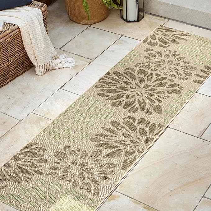 JONATHAN Y Floral Textured Weave Indoor Outdoor Runner Rug 2X8 Sage/Brown, Zinnia Modern for Backyard, Patio, Porch, Easy-Cleaning, High Traffic, Pet-Friendly, Non-Shedding (SMB110A-28)