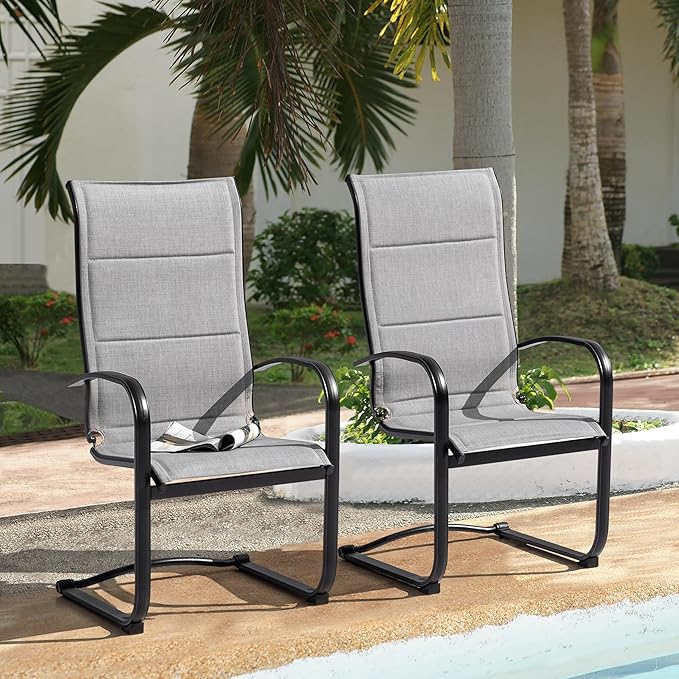 NUU GARDEN Patio Dining Chairs Set of 2, All-Weather Padded Textilene Chairs with Spring Motion and High Back, Breathable Outdoor Dining Chairs for Backyard Lawn Deck, Gray