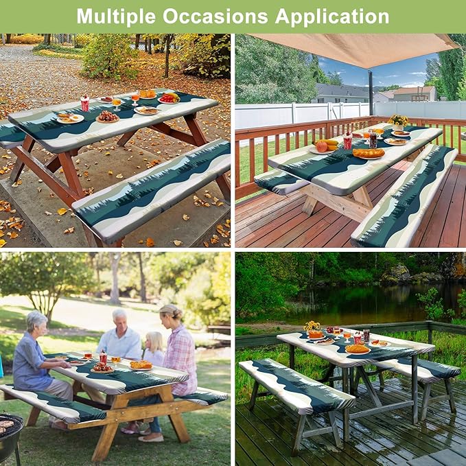 Picnic Table Cover with Bench Covers Camping Essentials Waterproof Windproof Camping Tablecloth with Drawstring Bag, Fitted Rectangle Tables and Seats, 72in, Green Blue
