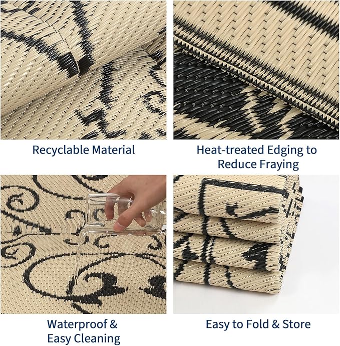MilleLoomi Outdoor Rug 8x10 Waterproof Patio Rugs Vintage Reversible Mat for Front Door Rv Foldable Plastic Straw Carpet for Travel Trailers, Deck, Picnic, Porch, Camper, Balcony, Beach，Black Beige