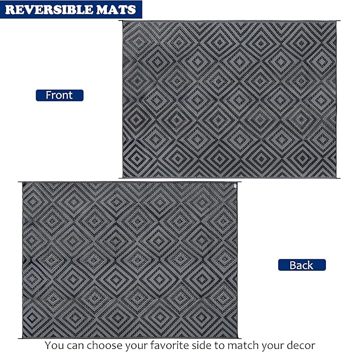 Reversible Mats, Patio Plastic Straw Modern Area Rug, Floor Mat for Outdoors, RV, Patio, Backyard, Deck, Picnic, Beach, Trailer, Camping (Diamond Black & Grey, 9' x 12')