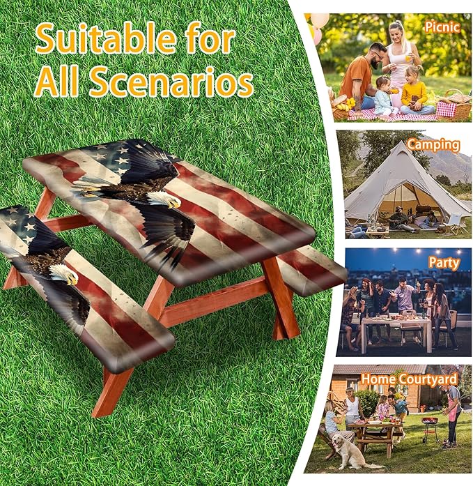Park Picnic Table Cover with Bench Covers Lightweight Camping Essentials, Oil-Proof Waterproof 3PCS Tablecloth with Elastic, Fitted for Table 6FT Rectangle and Seats, American Flag Eagle (72x30in)