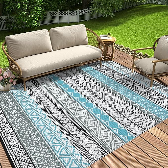 GarveeLife Outdoor Rug 8x10 Waterproof Plastic Straw Reversible Rug Modern Geometric Floor Mat for Outdoors, UV Resistant Foldable Portable Carpet for RV, Deck, Picnic, Blue & Grey