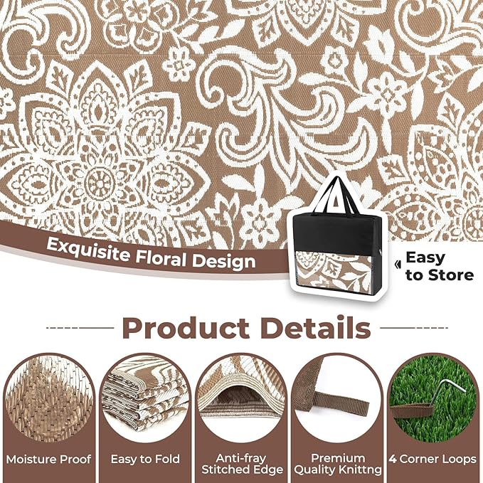 Findosom Waterproof Outdoor Rug 5' x 8' - Reversible Mandala Outdoor Plastic Straw Rug, Durable Foldable Patio Rug for RV, Deck, Balcony, Backyard, Picnic, Porch, Camping, Beach, Brown