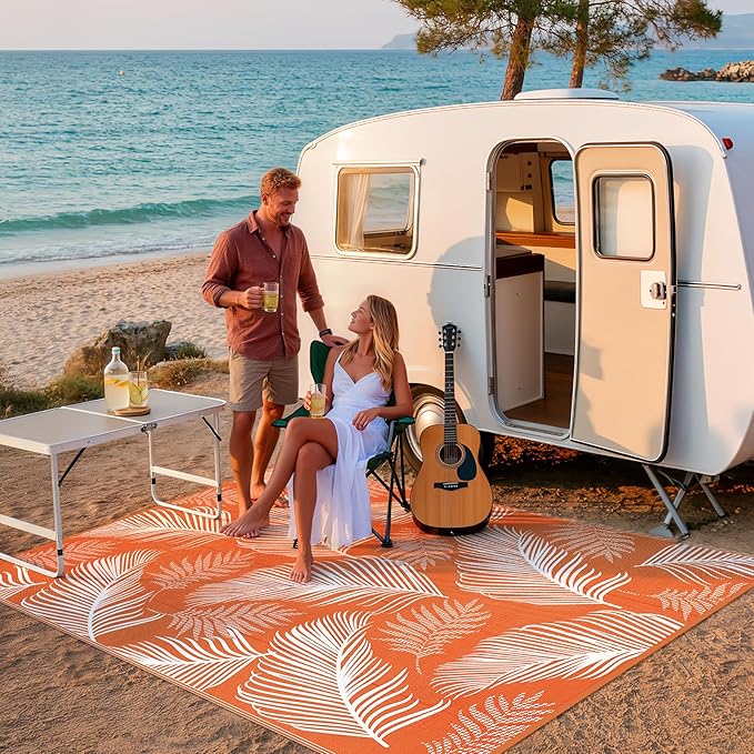Pauwer Waterproof Outdoor Rug 9x12, Reversible Plastic Straw Patio Camping Rug, Indoor Outdoor RV Mat Carpet for Deck, Camper, Porch, Balcony, Backyard, Picnic, Leaf Orange