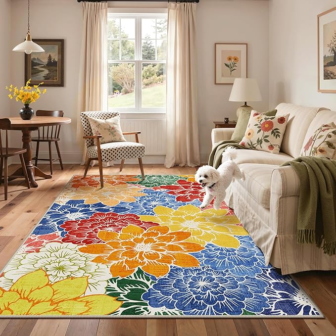 GENIMO Indoor Outdoor Area Rug 8'x10', Machine Washable Rugs for Patio, Waterproof, Non-Slip Easy Cleaning Floral Outdoor Mat Carpet for Living Room, Bedroom, RV, Balcony, Deck, Camping, Colorful