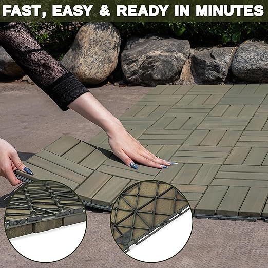 Acacia Wood Flooring Interlocking Deck Tiles for Patio Decor 27 Pcs 12 Slats VR Muted Green - Waterproof Indoor & Outdoor Decor - Balcony Garden Decking Tile (12.2 * 12.2 * 0.7 inches)
