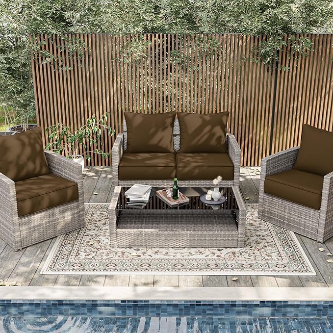 Outdoor Patio Chair Cushions Set 19 L X 19 W X 4 H Inch Waterproof & Fade Resistant Deep Seat and Back Cushions with Removable Covers Outdoor Seat Cushion Set for Chairs and Sofas
